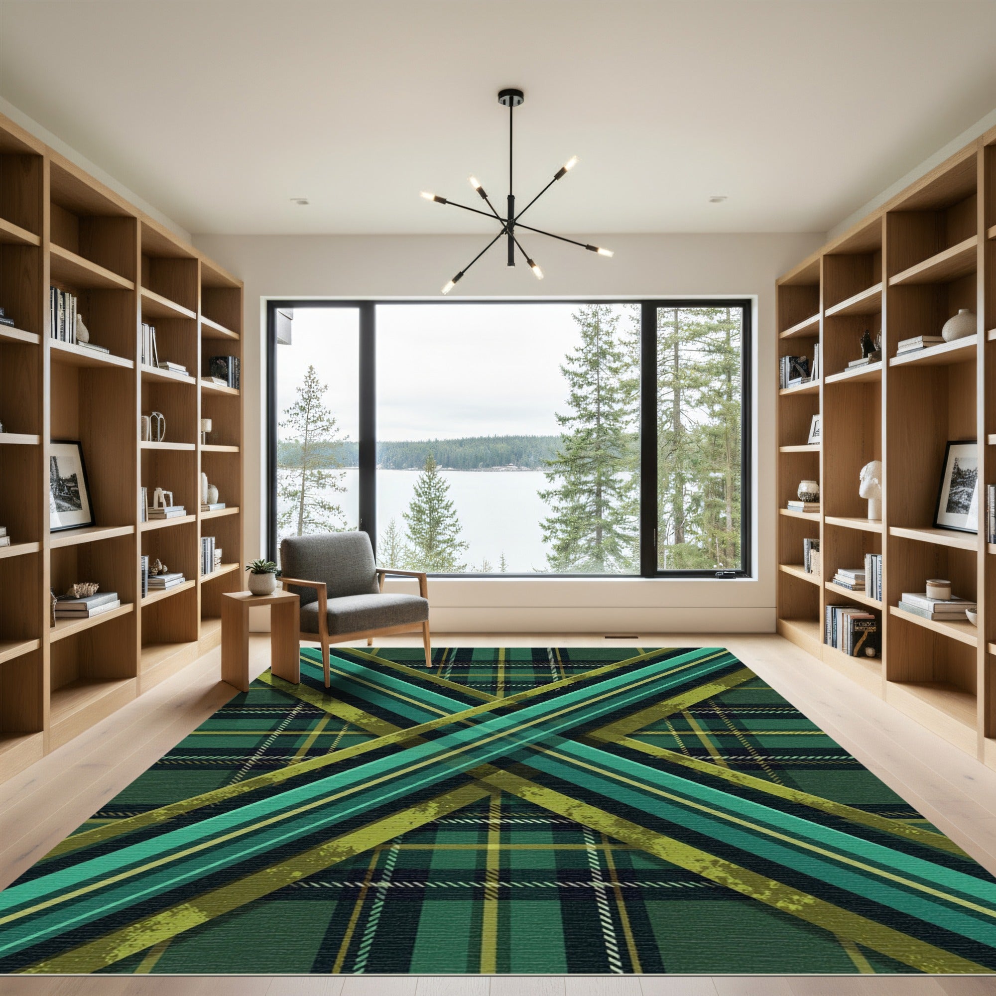 Modern Forest Green Tartan Cross Overlay Rug