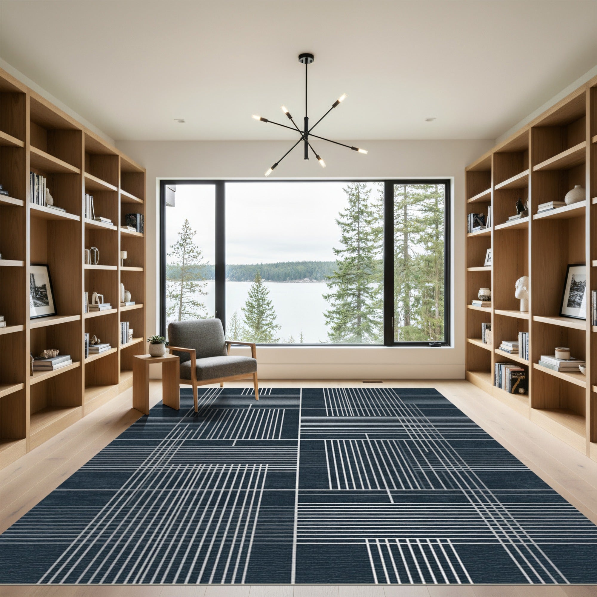 Deep Charcoal Geometric Stripe Composition Rug