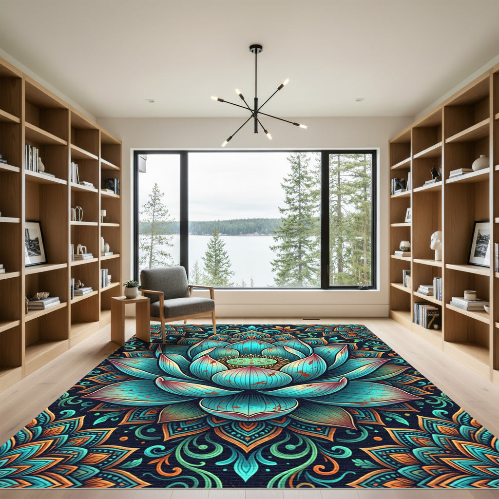 Teal Lotus Mandala Blossoming Art Rug