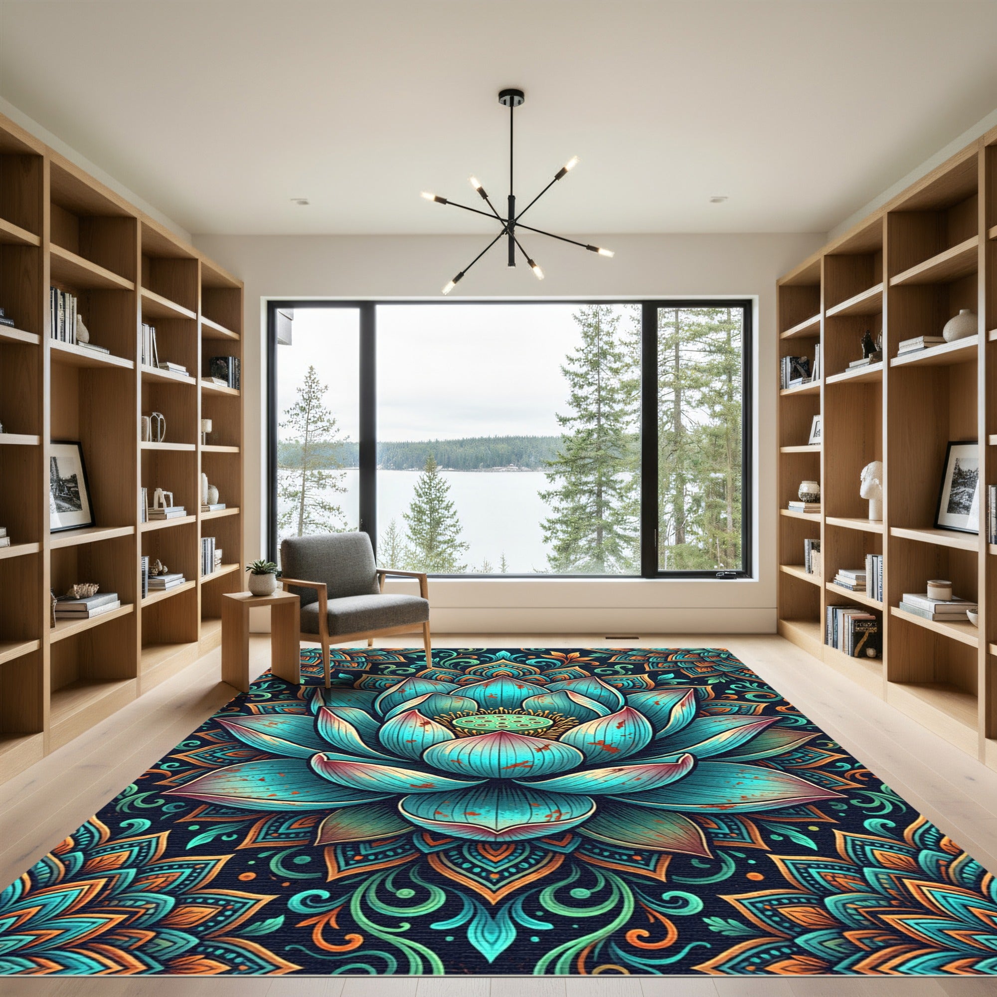 Teal Lotus Mandala Blossoming Art Rug