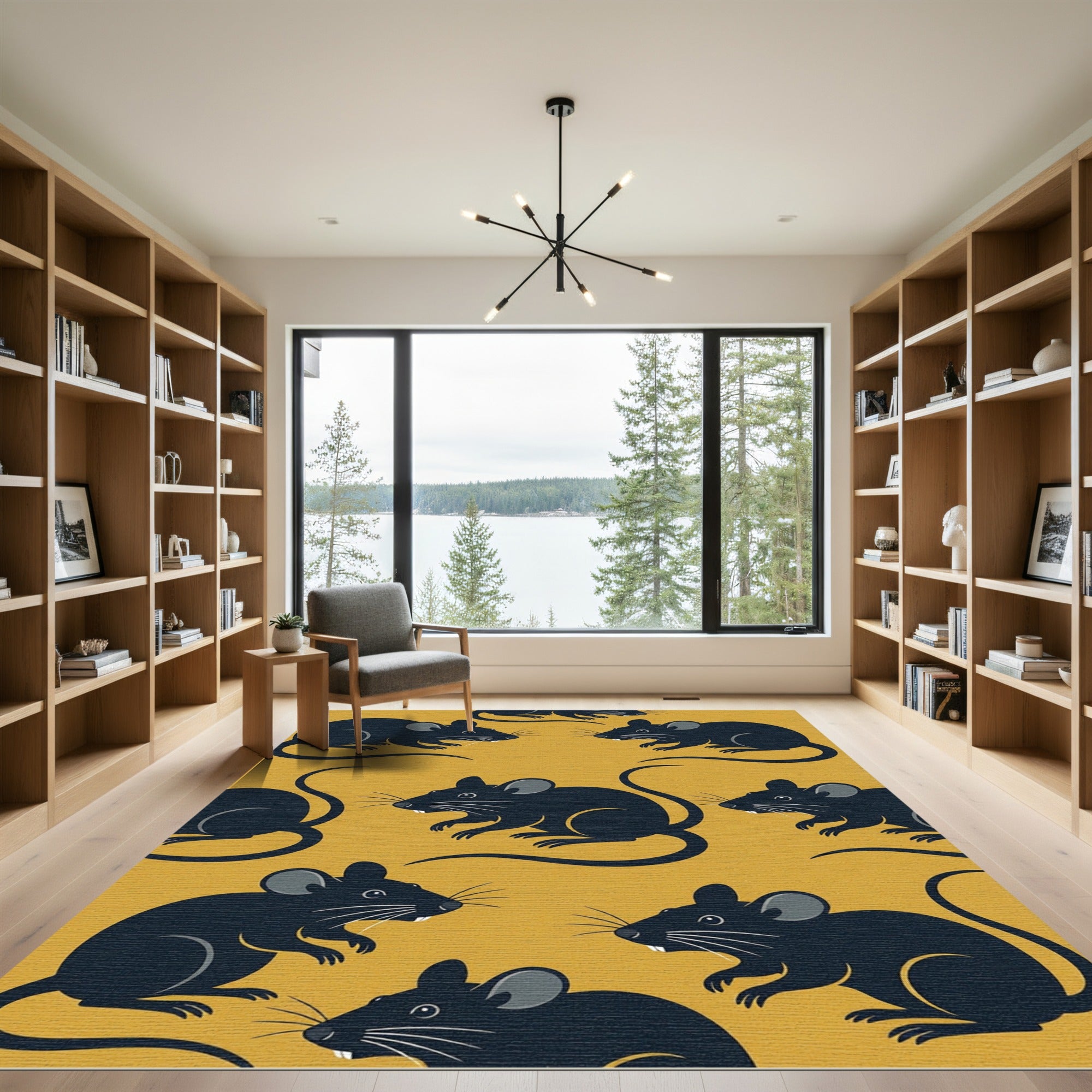 Whimsical Mustard Yellow Mouse Illustration Rug