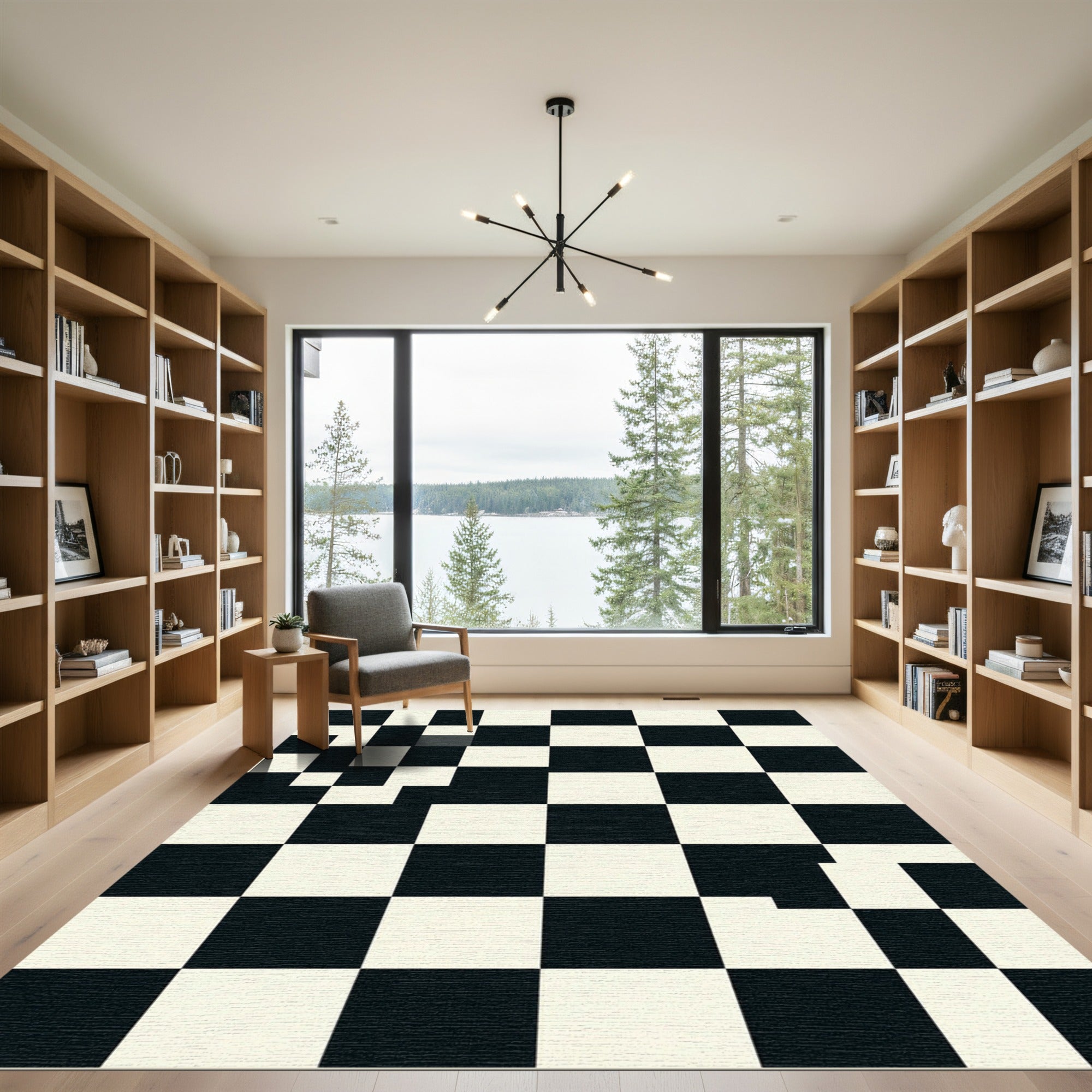 Modern Monochrome Geometric Checkerboard Grid Rug