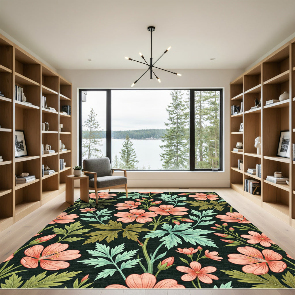 Botanical Peach Floral Dark Garden Rug