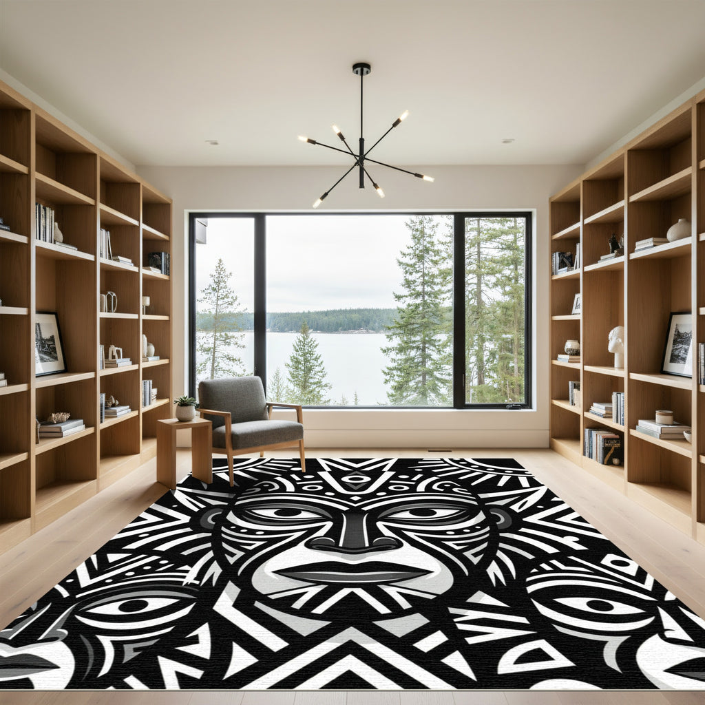 Monochrome Tribal Totem Face Art Rug