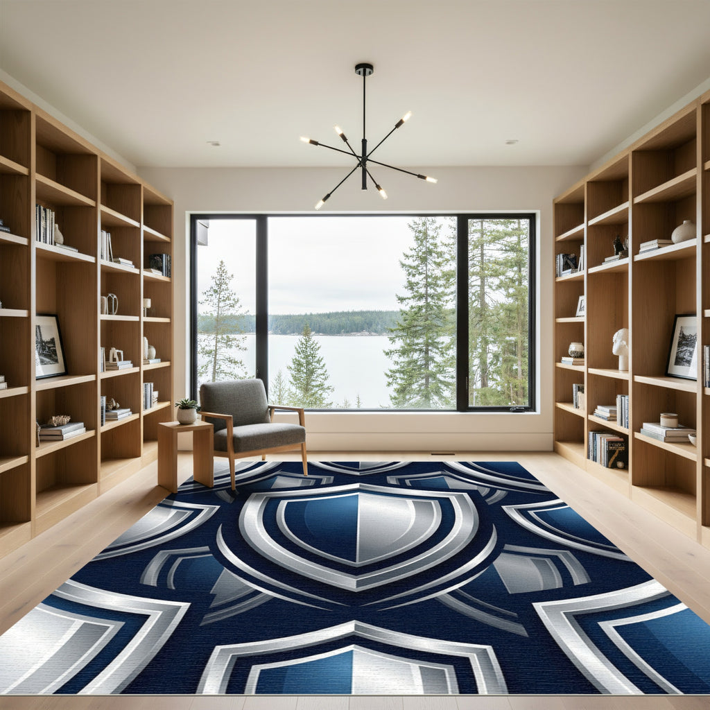Metallic Silver Shield Geometric Navy Backdrop Rug
