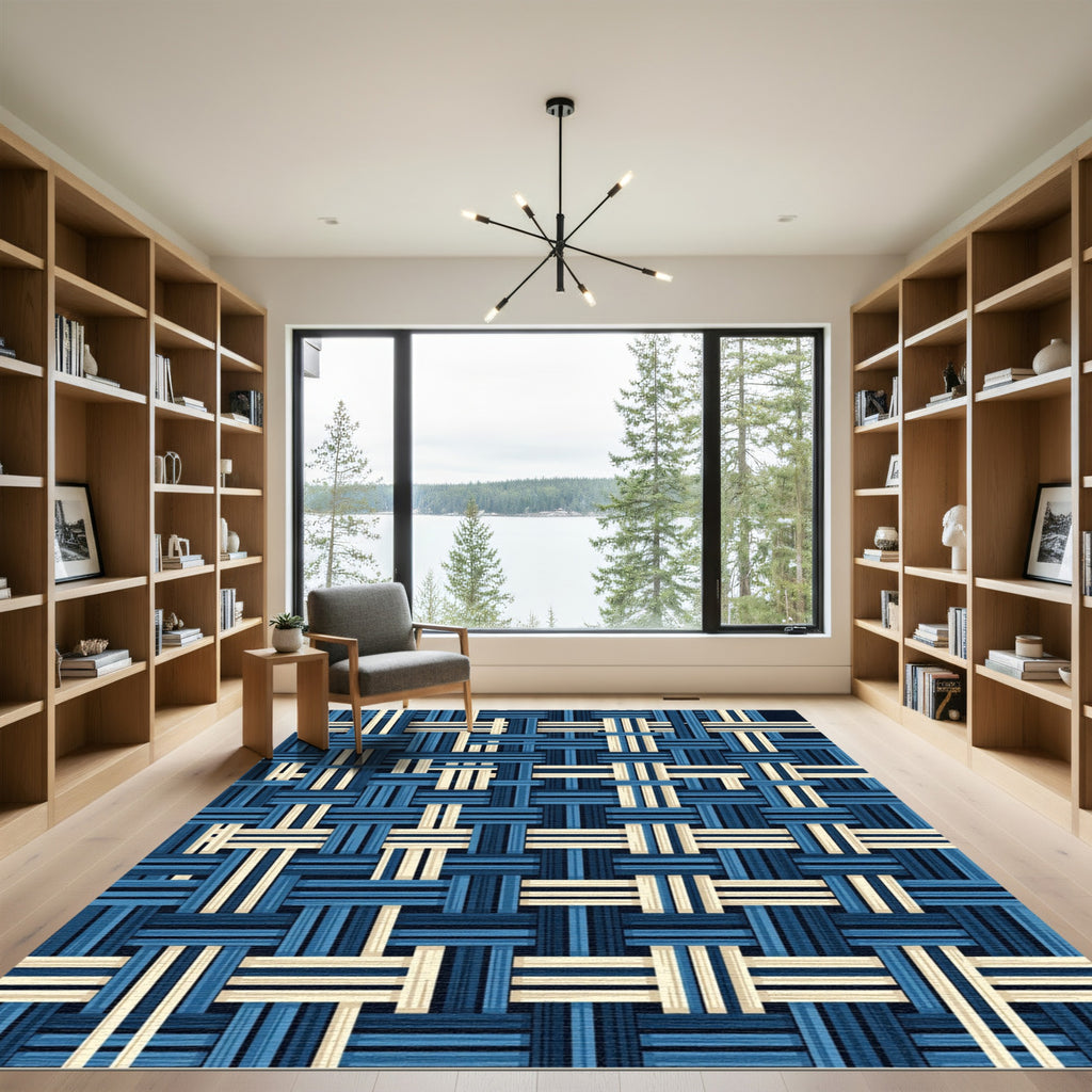 Navy and Cream Woven Basket Weave Rug