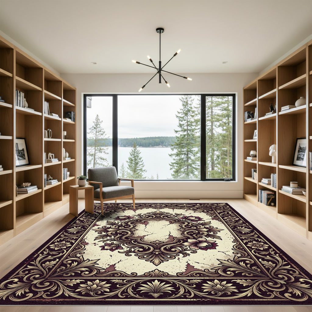 Ornate Gold Floral Medallion Rug