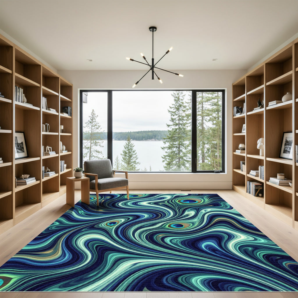 Fluid Teal Peacock Feather Swirl Rug