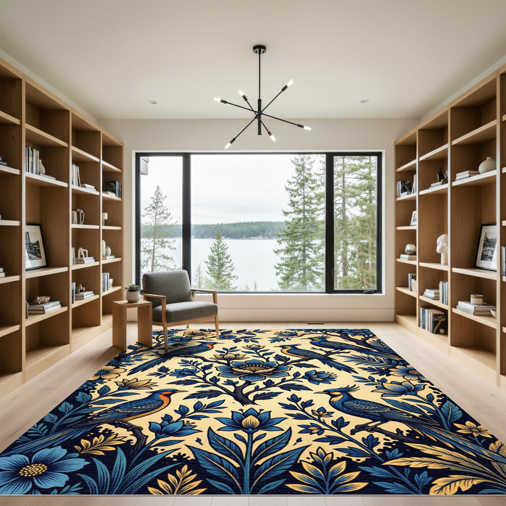 Elegant Blue Birds Floral Branches Rug