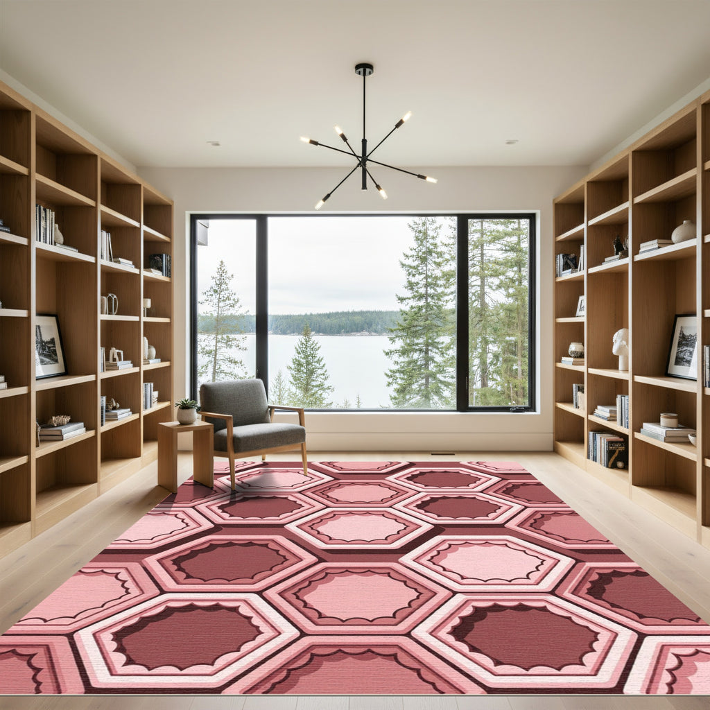 Soft Pink Geometric Hexagon Grid Rug
