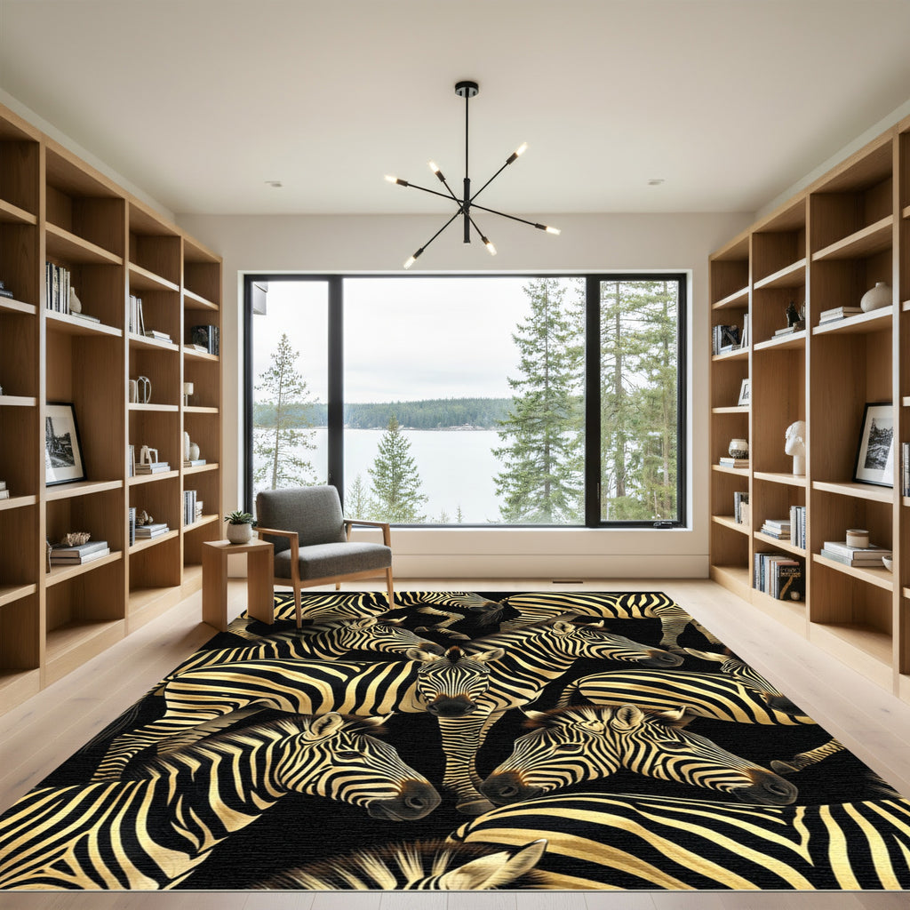 Bold Black Gold Zebra Herd Illustration Rug