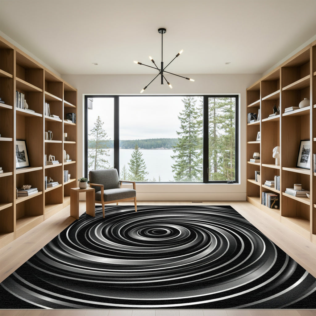 Sleek Silver Swirl Abstract Rug