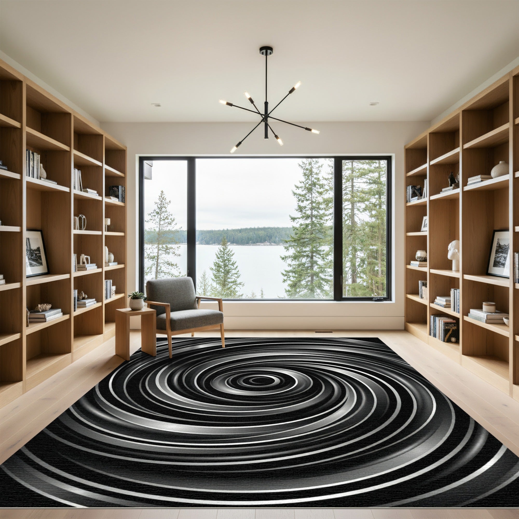 Sleek Silver Swirl Abstract Rug