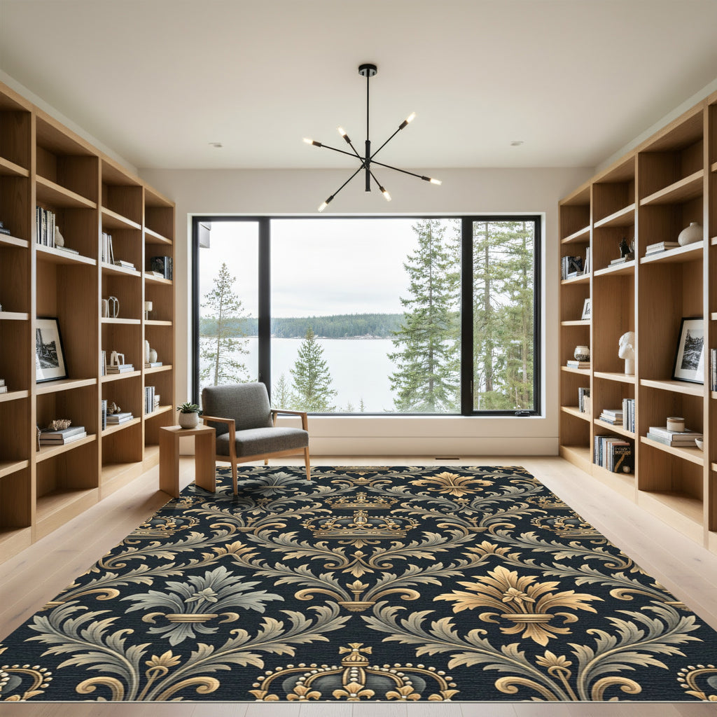 Ornate Gold Royal Crown Damask Rug