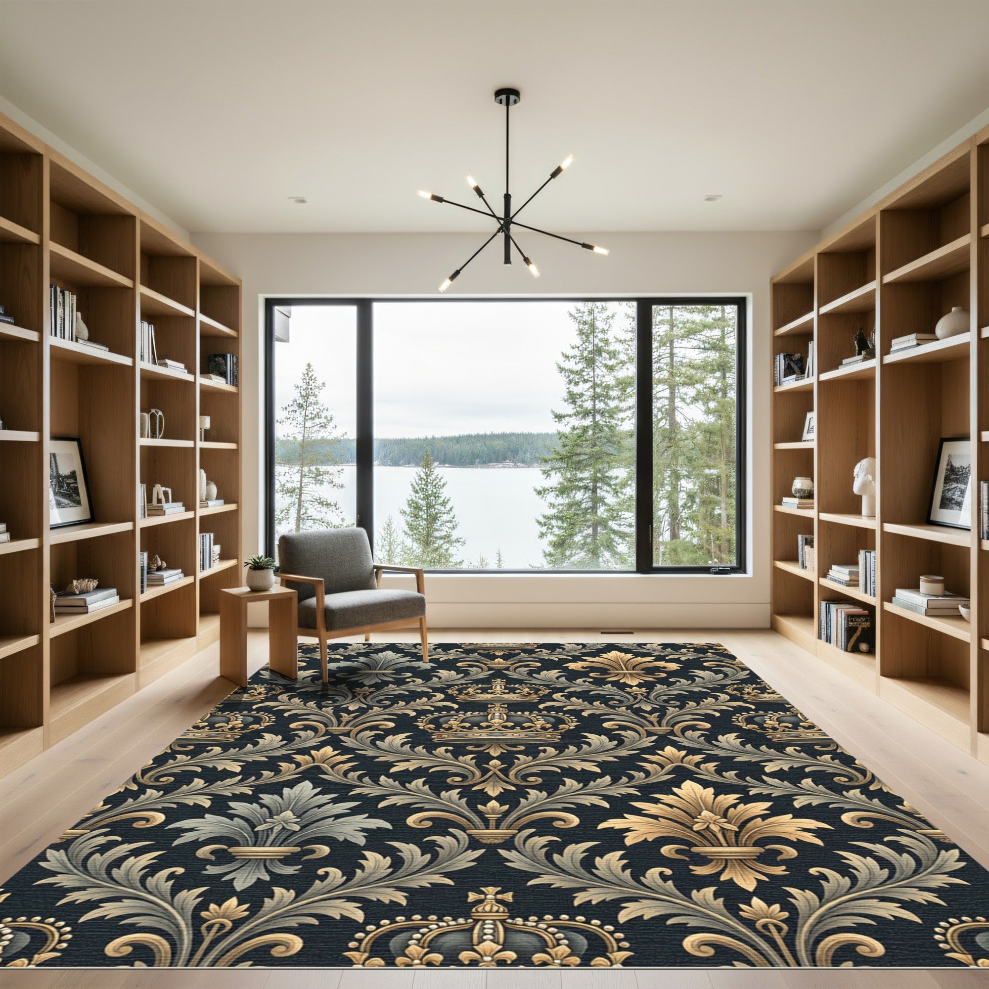 Ornate Gold Royal Crown Damask Rug
