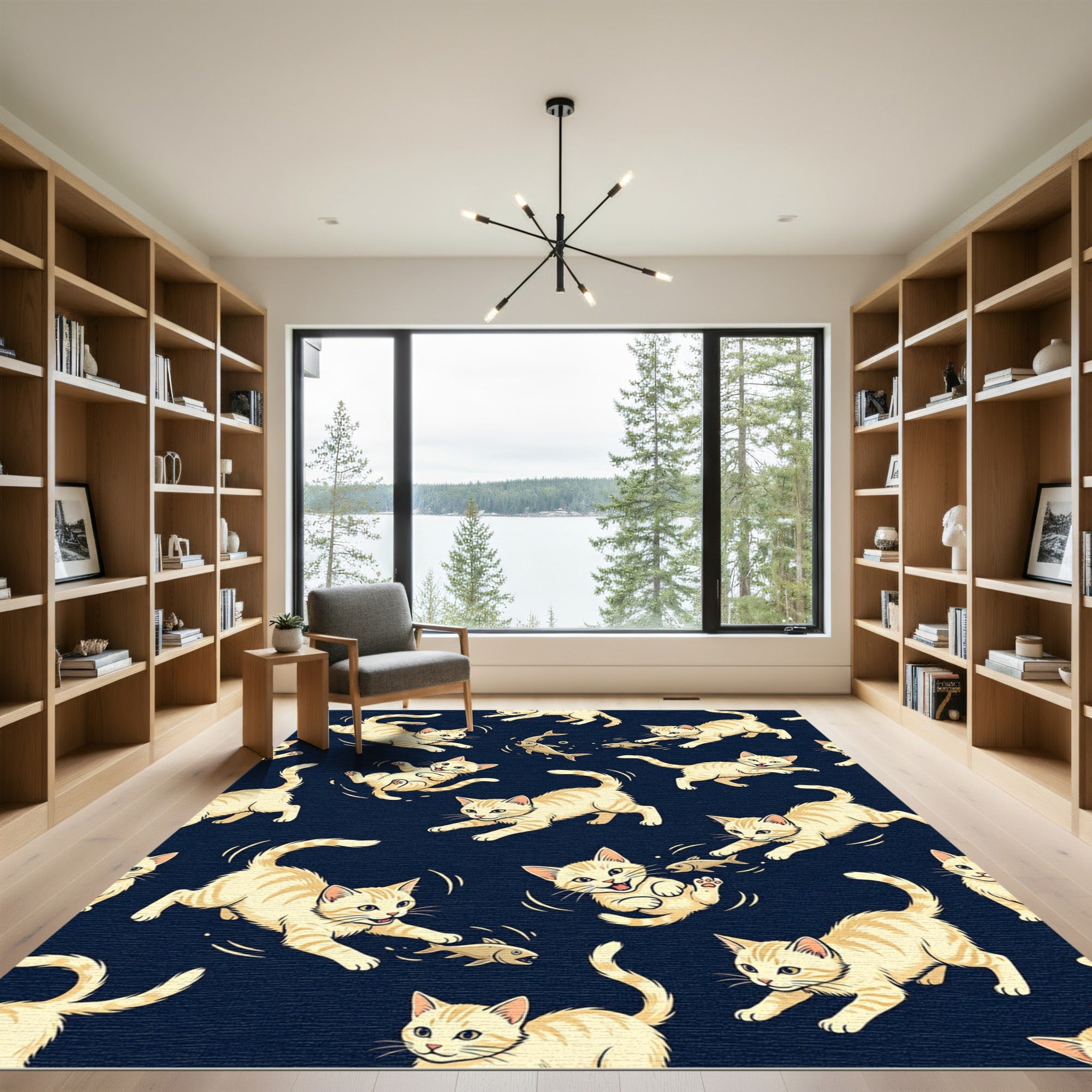 Cream Striped Kittens Chasing Fish Rug