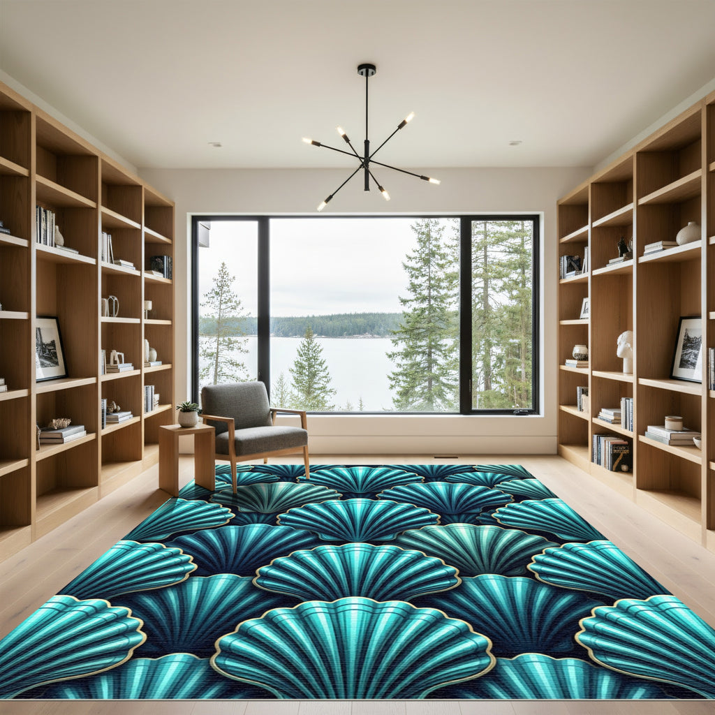 Aqua Blue Fan Shell Arrangement Rug
