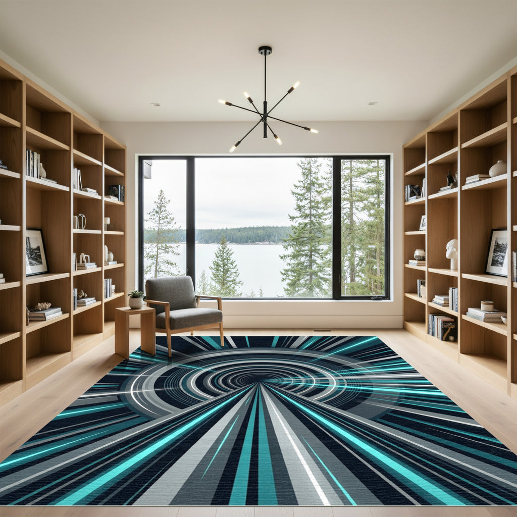 Modern Teal Abstract Infinite Tunnel Rug