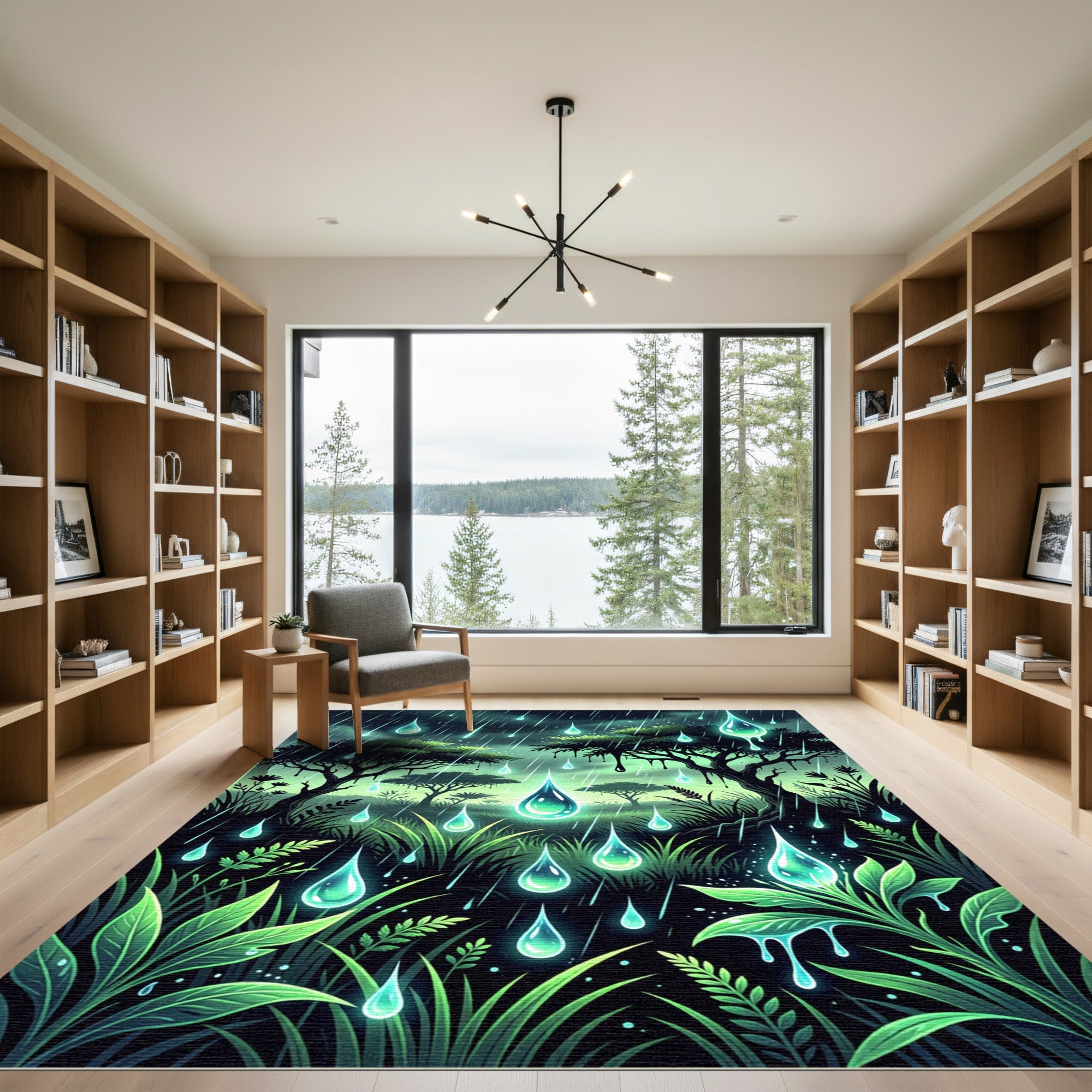 Luminous Glowing Raindrop Forest Landscape Rug