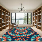 Vibrant Teal Orange Burst Mandala Rug