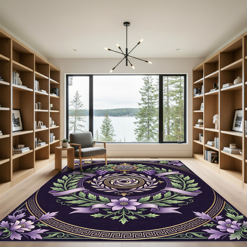 Purple Floral Laurel Wreath Gold Medallion Rug