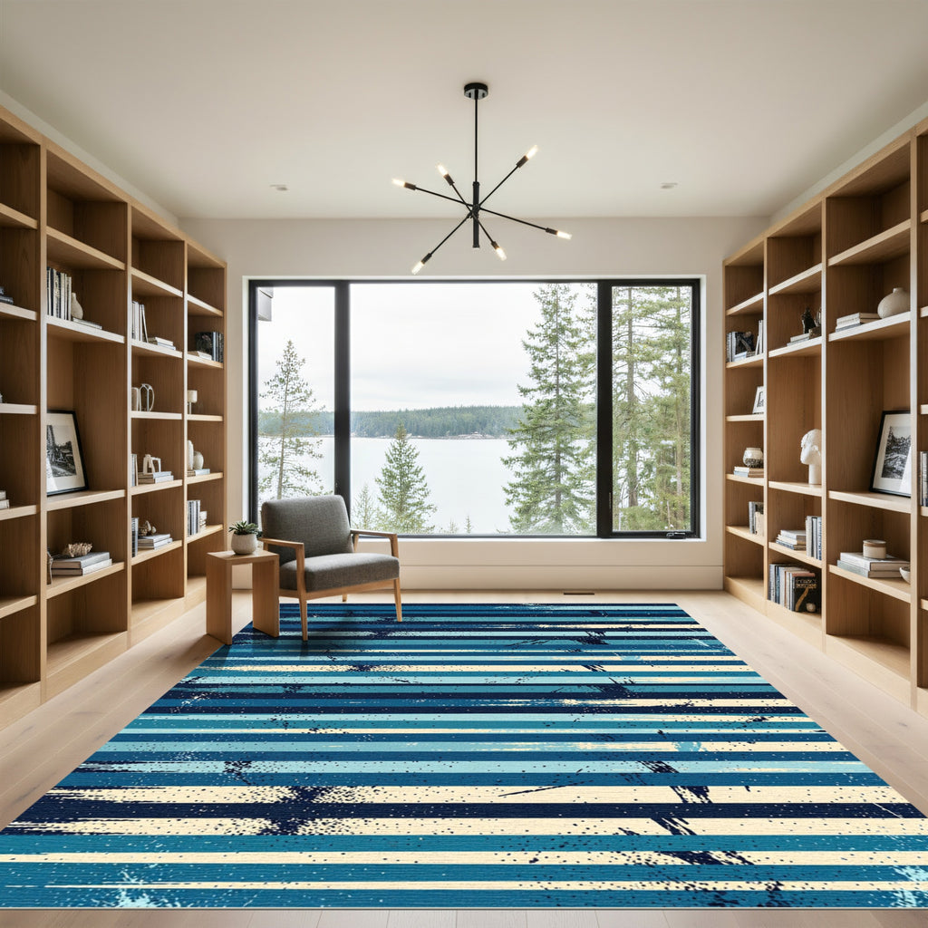 Deep Blue Striped Brushstroke Splash Rug