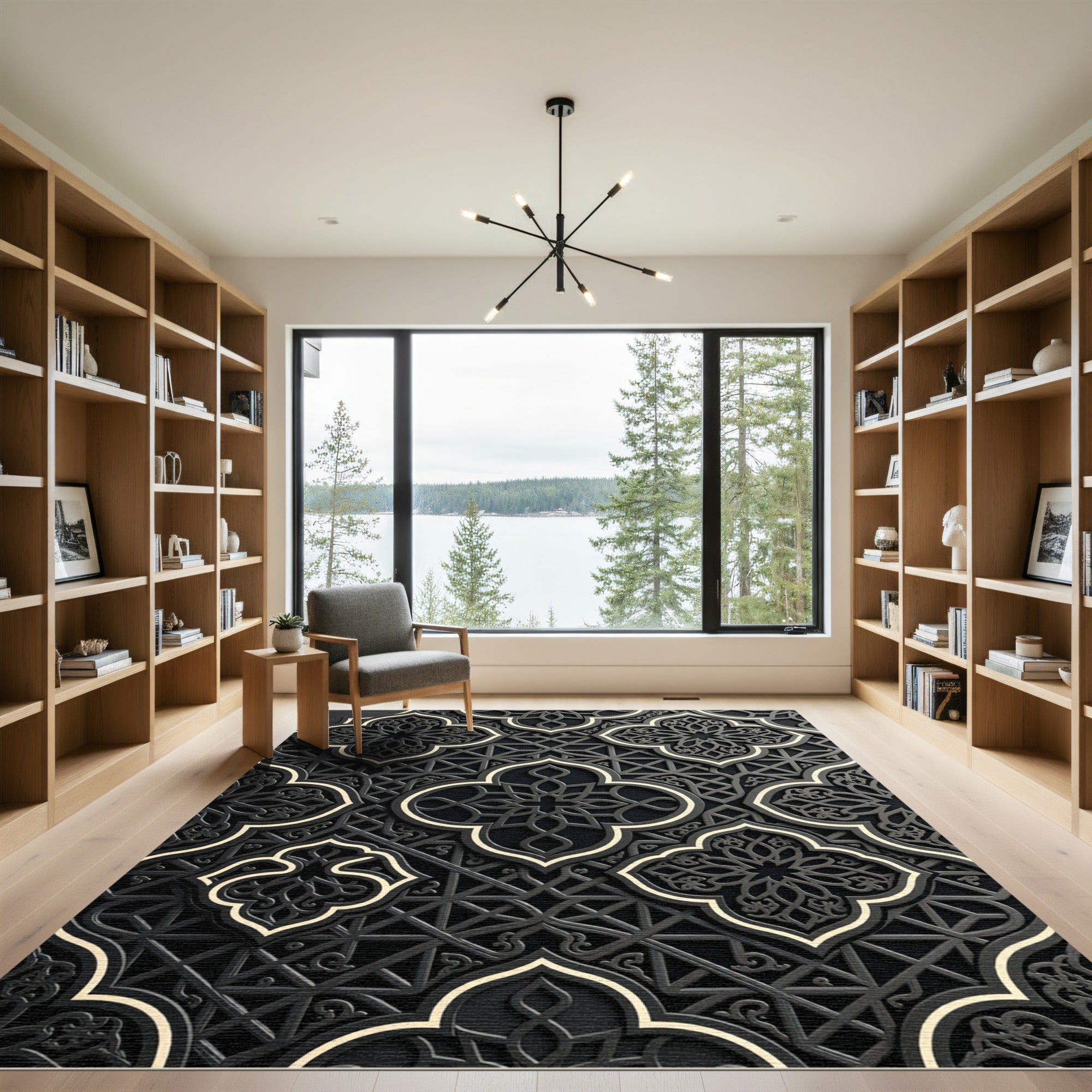 Elegant Charcoal Geometric Arabesque Lattice Rug