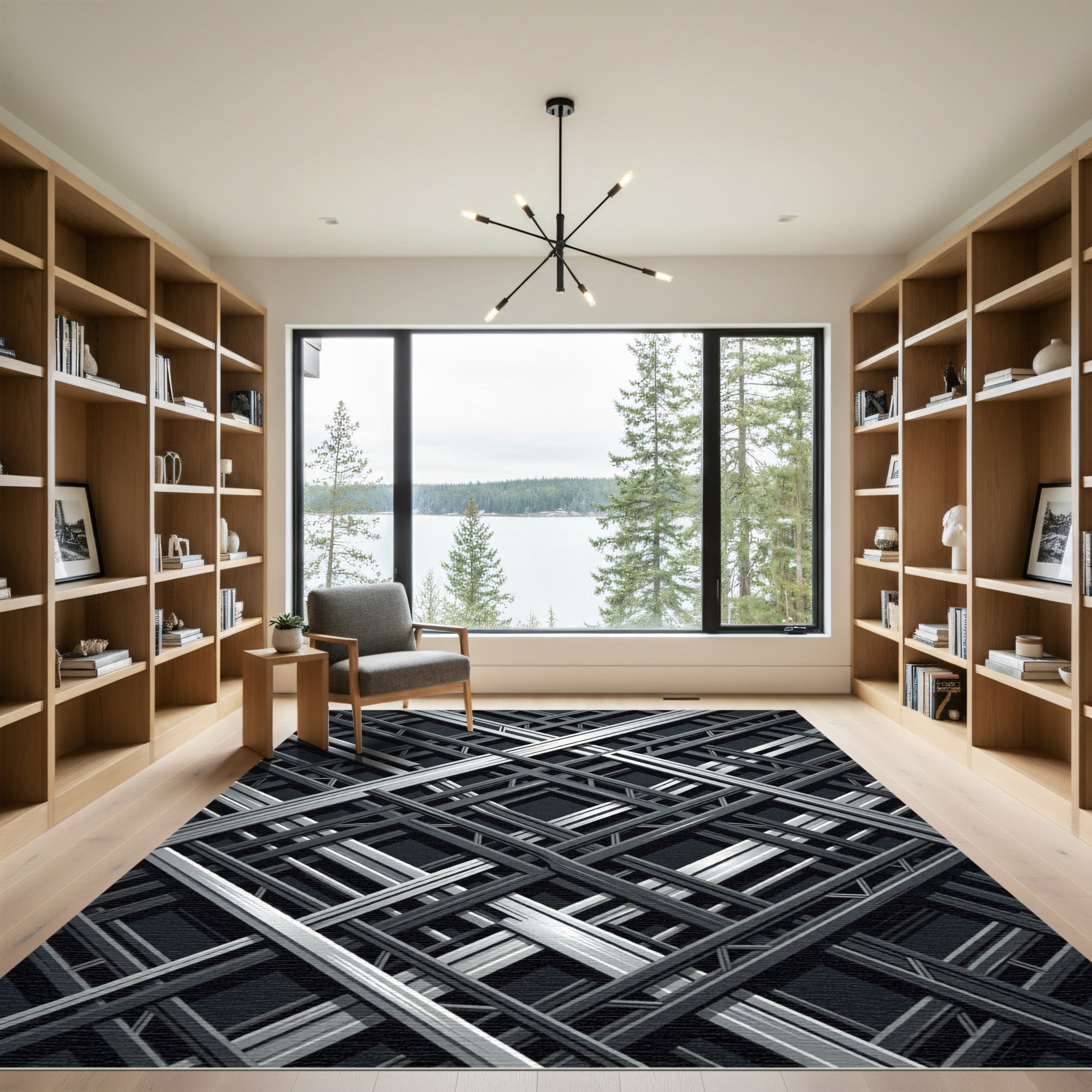 Industrial Silver Grid Geometric Monochrome Rug