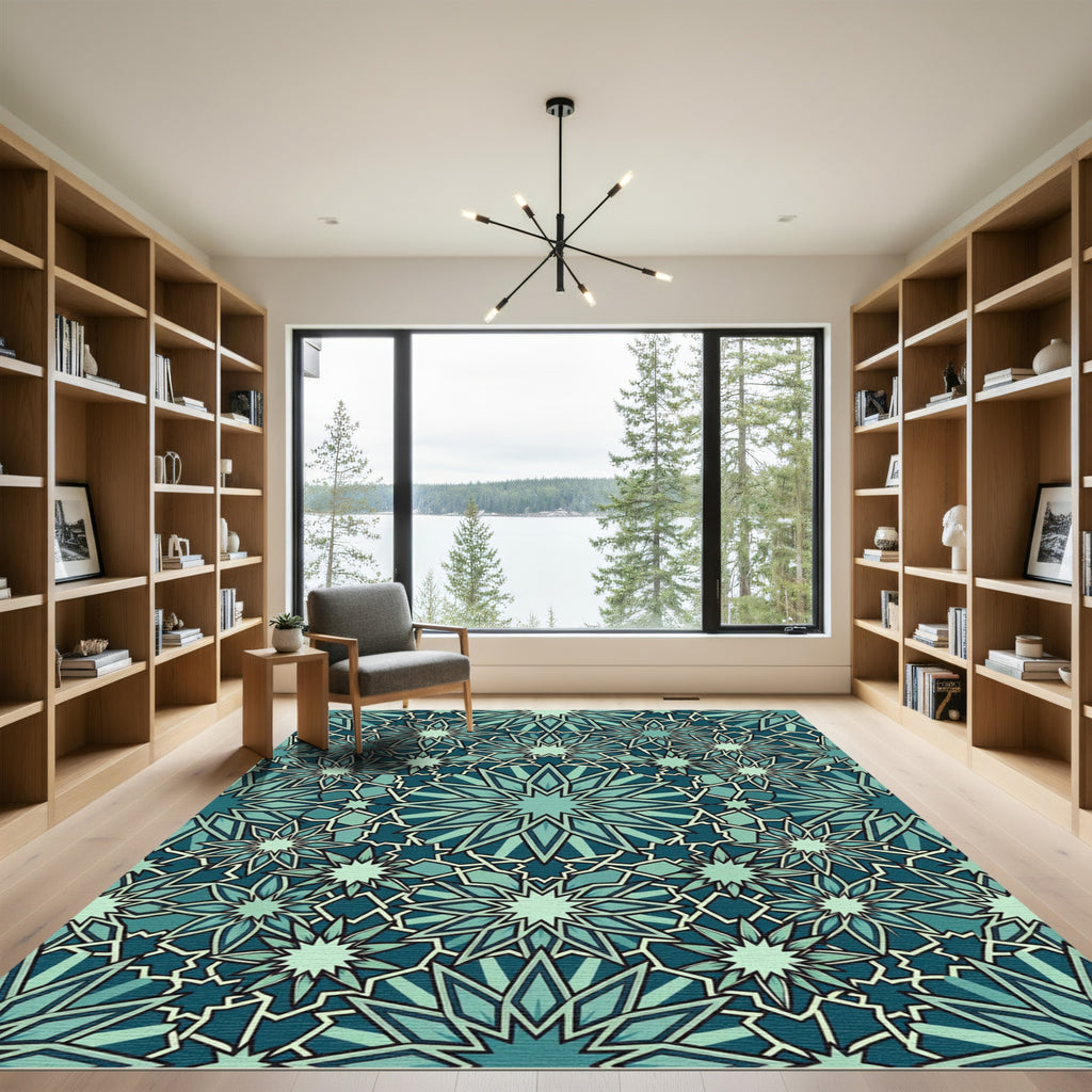 Teal Geometric Starburst Mosaic Rug