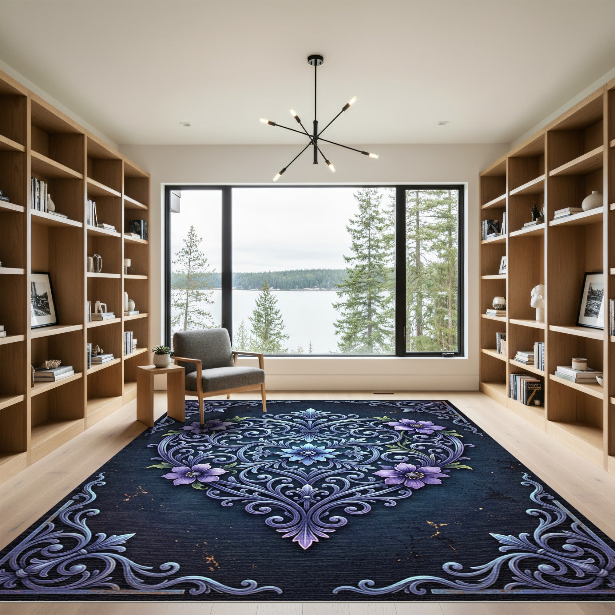 Royal Purple Floral Scrollwork Heart Rug
