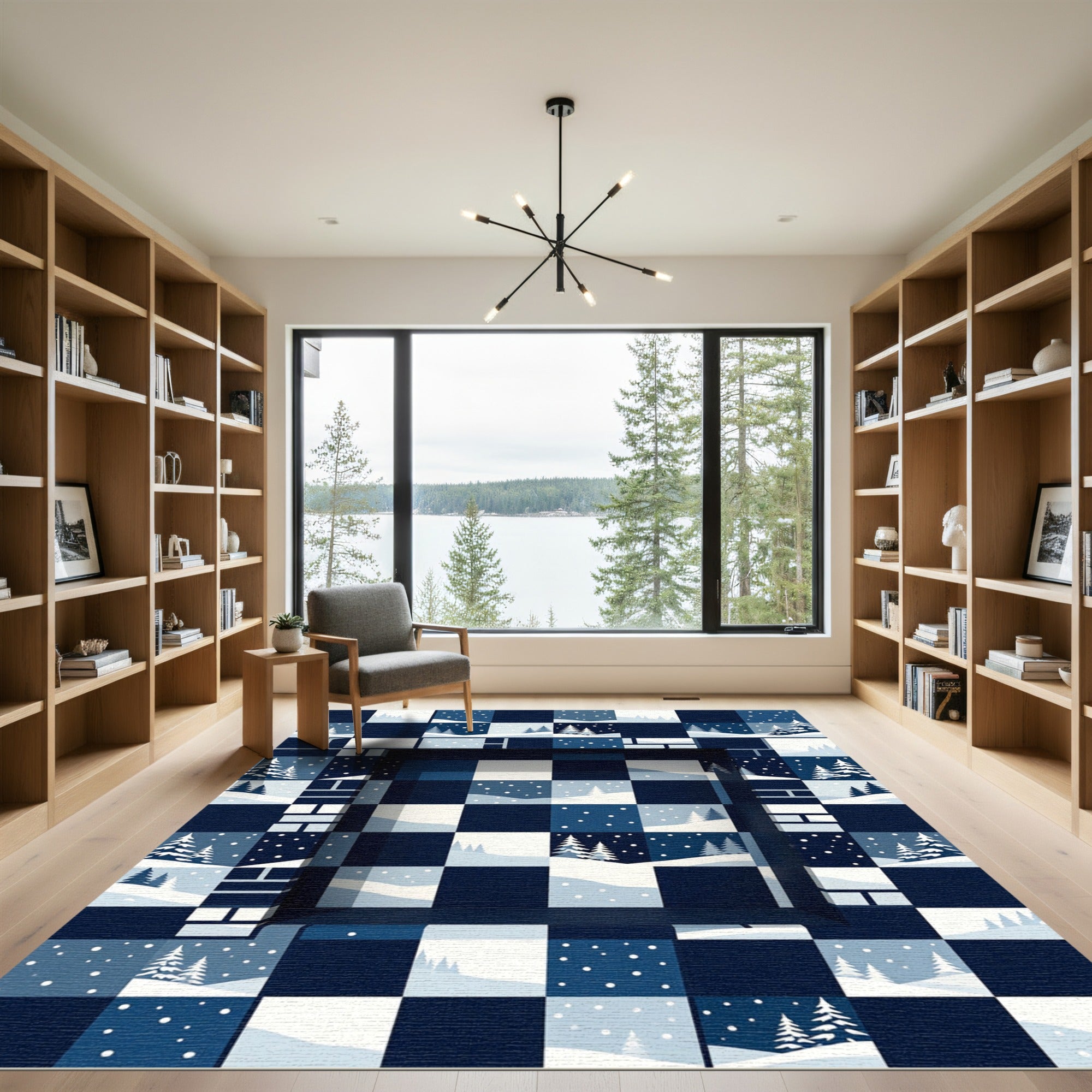 Midnight Winter Forest Checkerboard Grid Rug