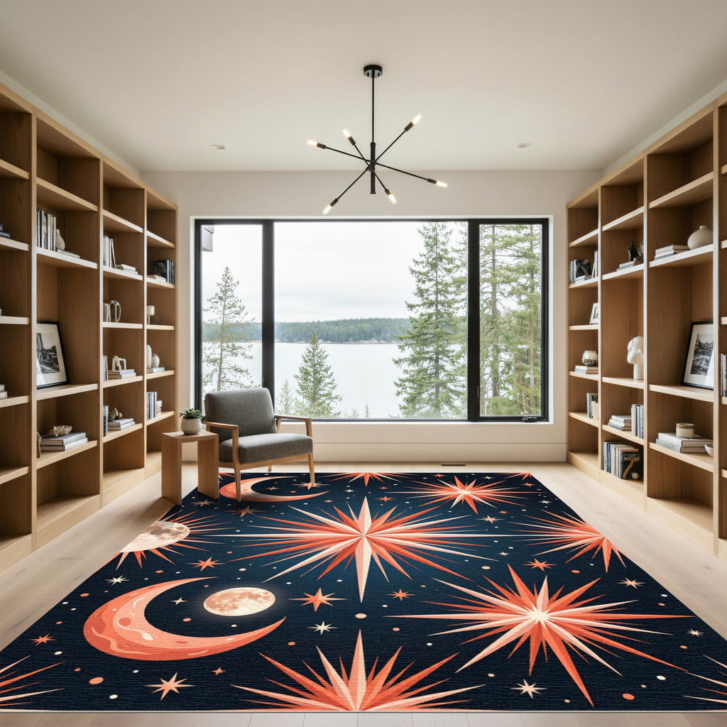 Celestial Orange Moon Starry Night Rug