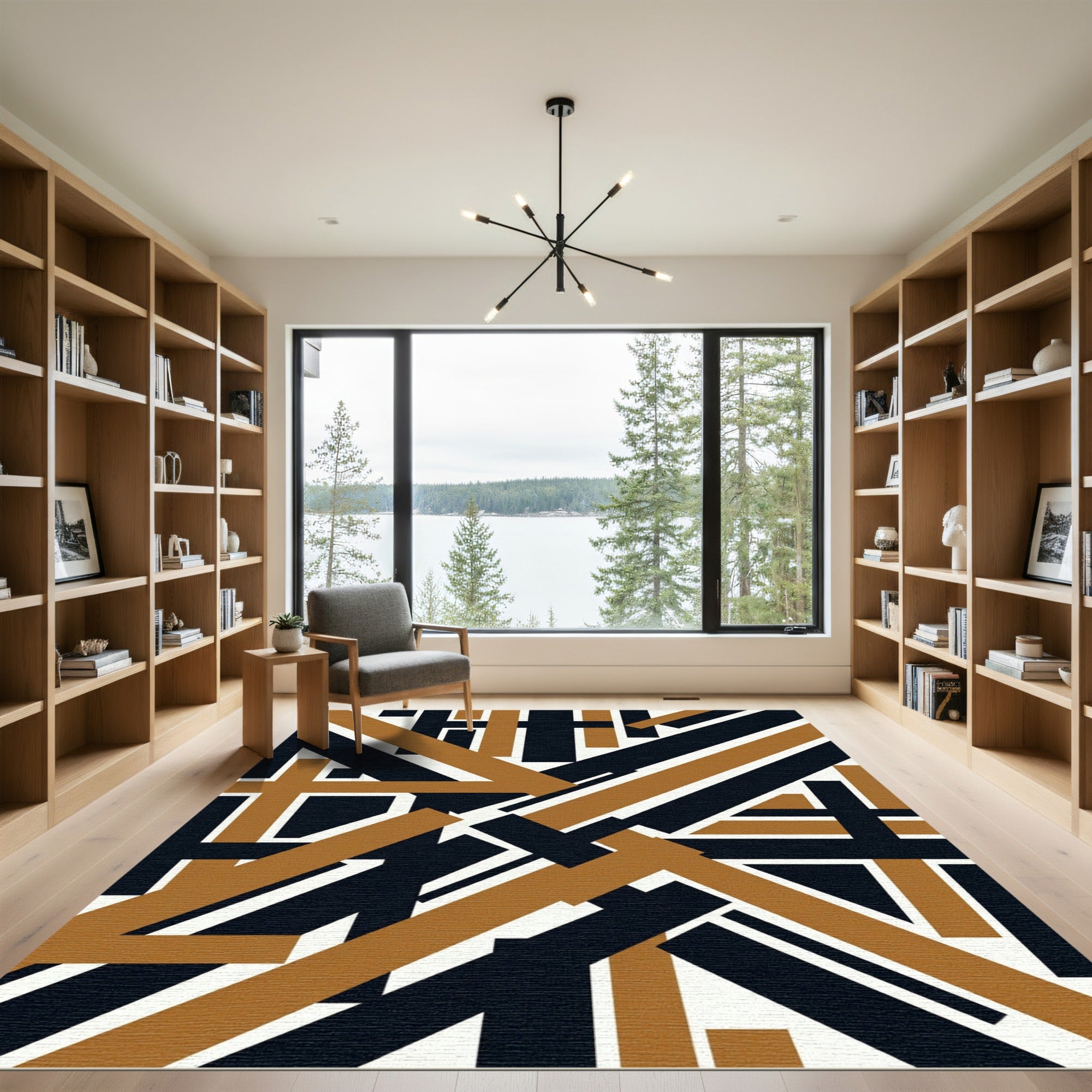 Modern Black and Ochre Geometric Intersect Rug