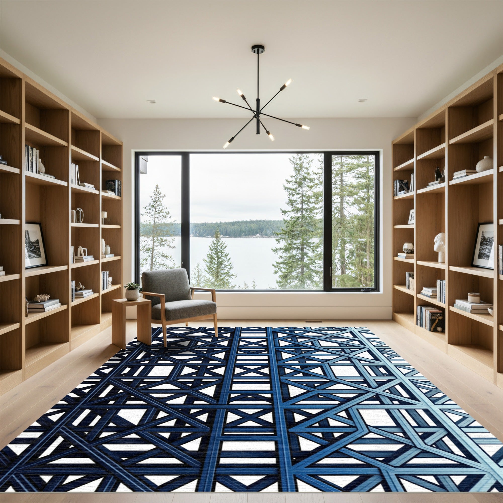 Modern Navy Blue Interlocking Geometric Lattice Rug