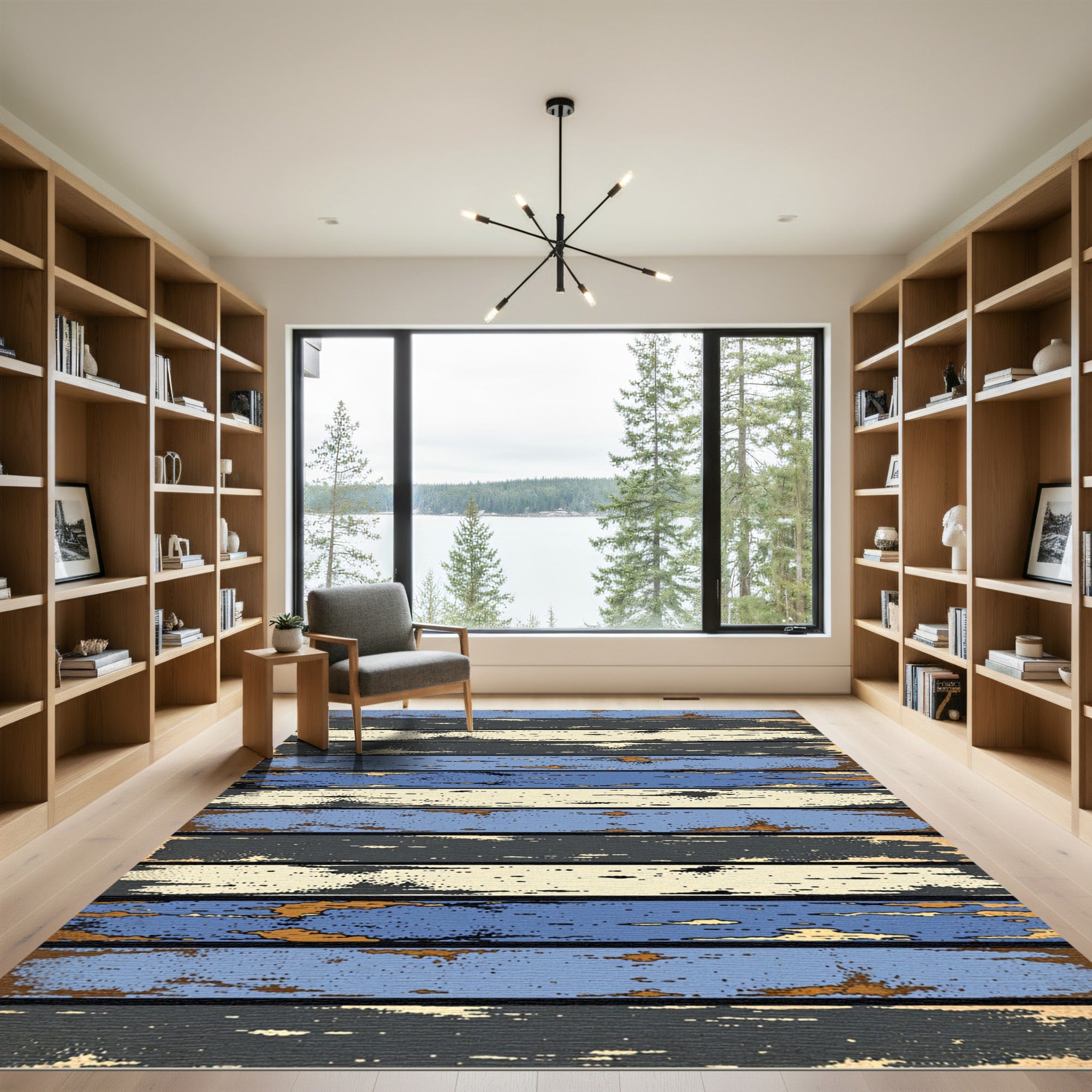 Distressed Wood Plank Blue Gray Beige Rug