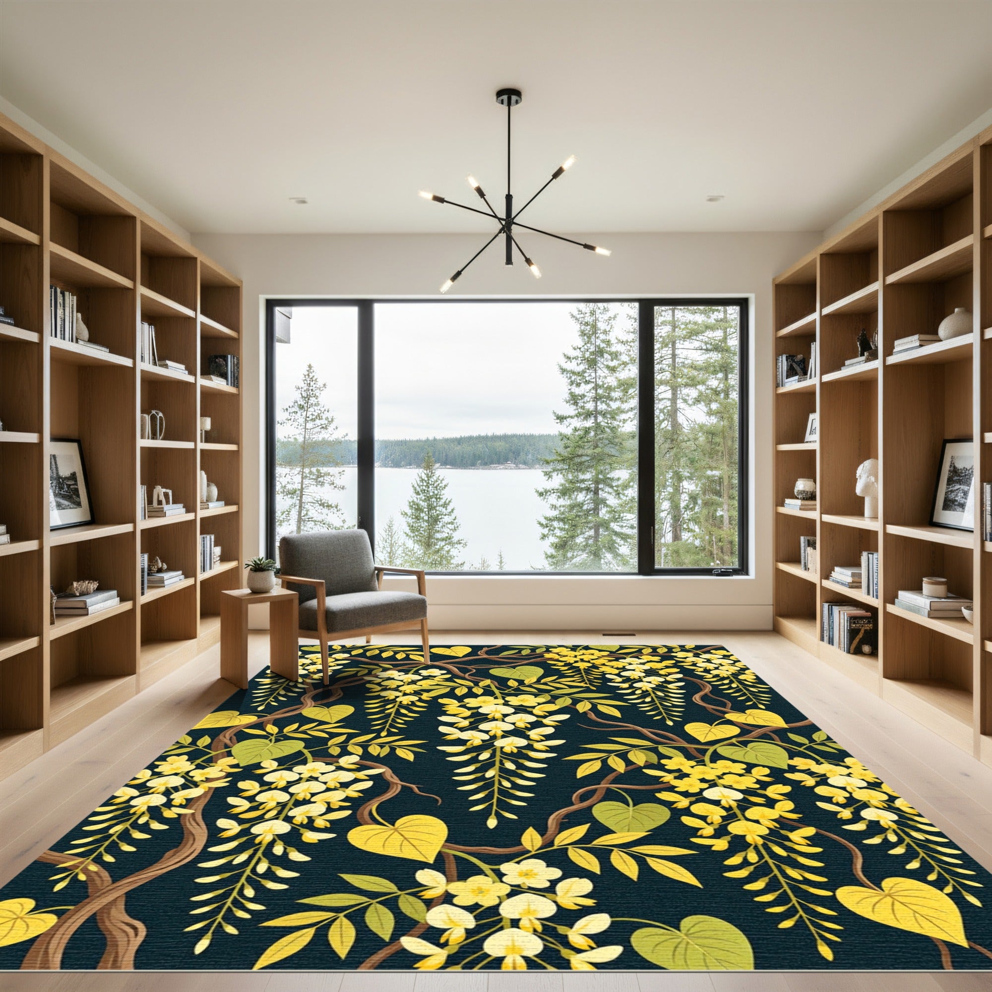 Golden Wisteria Botanical Dark Navy Art Rug