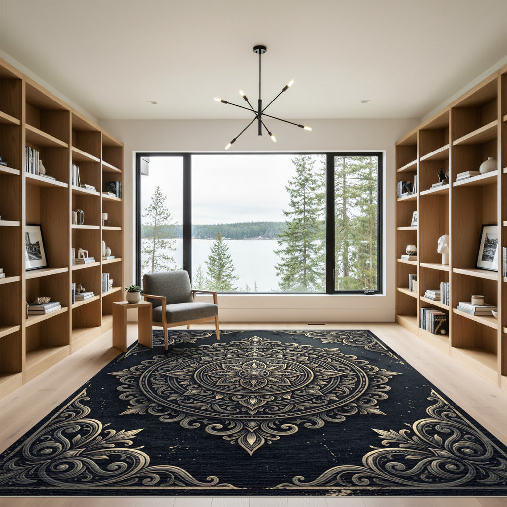 Ornate Charcoal and Champagne Floral Medallion Rug