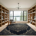 Ornate Charcoal and Champagne Floral Medallion Rug