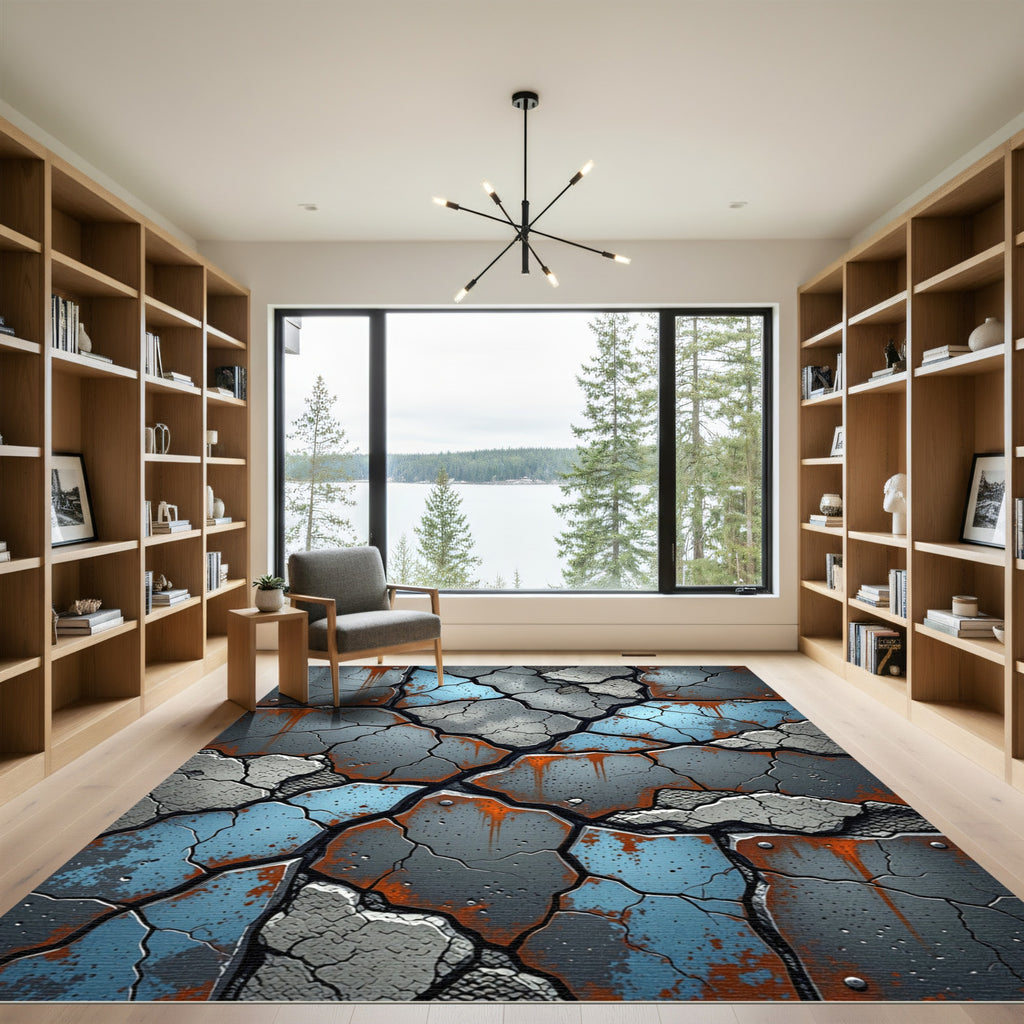 Cracked Blue Concrete Rusted Metal Plates Rug