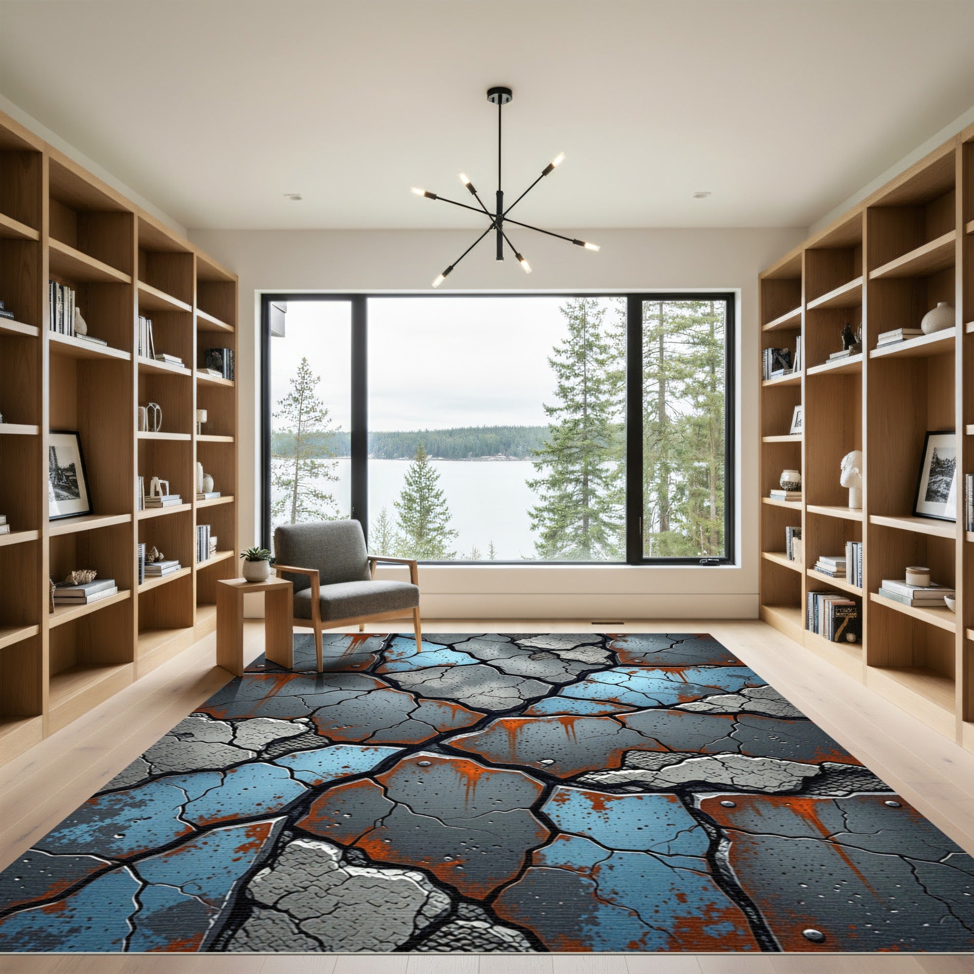 Cracked Blue Concrete Rusted Metal Plates Rug