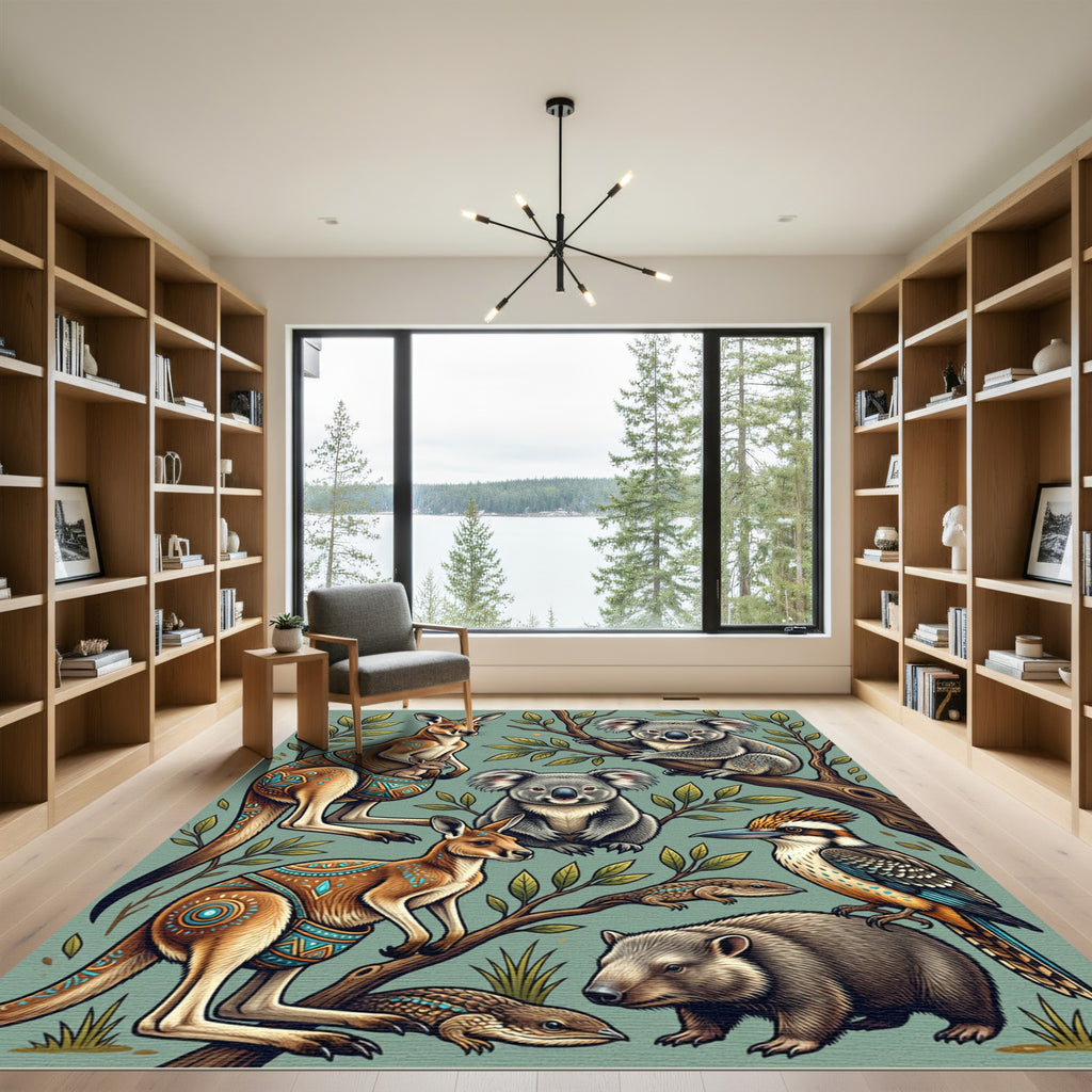 Australian Wildlife Botanical Teal Rug