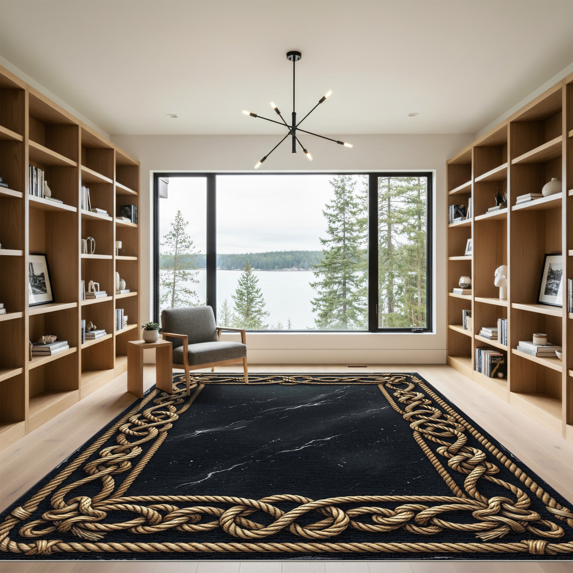 Gold Rope Bordered Black Marble Rug