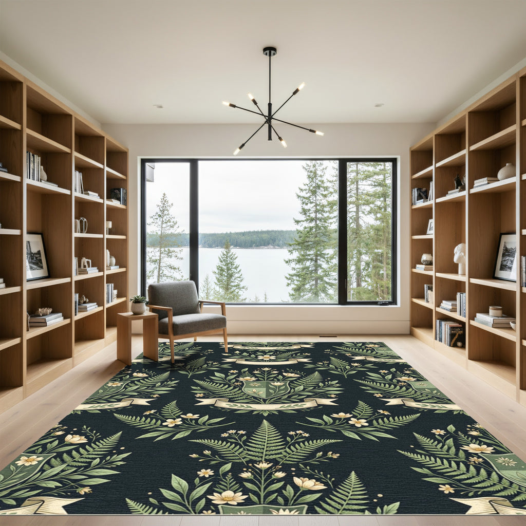 Botanical Fern Crest and Floral Meadow Rug