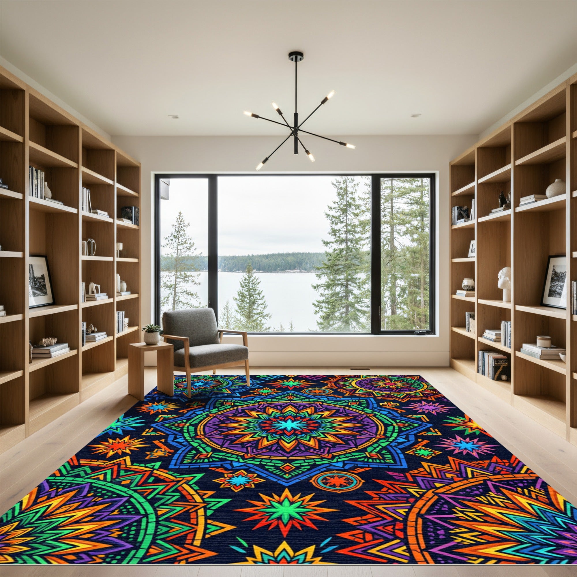 Vibrant Neon Geometric Mandala Art Rug