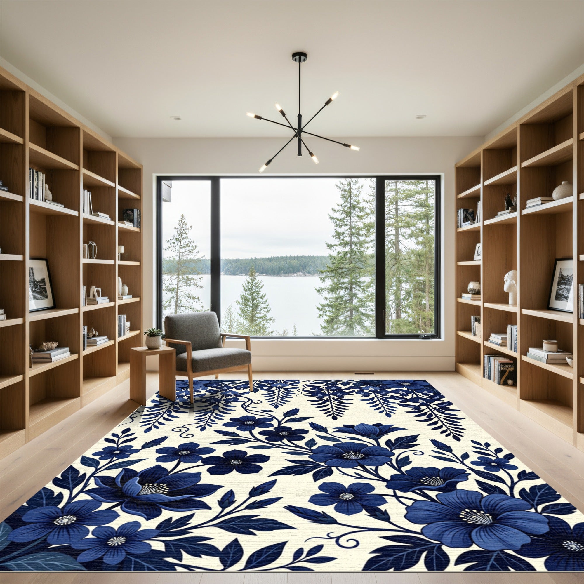 Elegant Indigo Wisteria Botanical Floral Rug