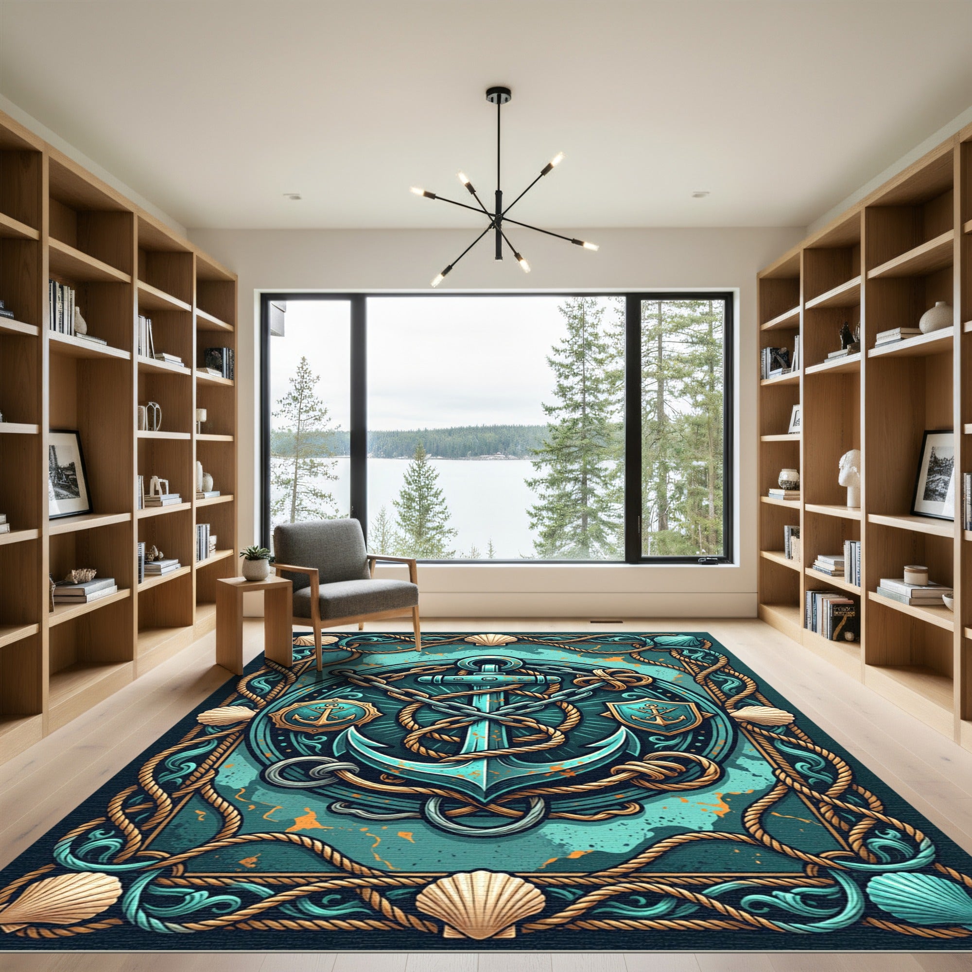 Nautical Teal Anchor Rope Shield Maritime Art Rug