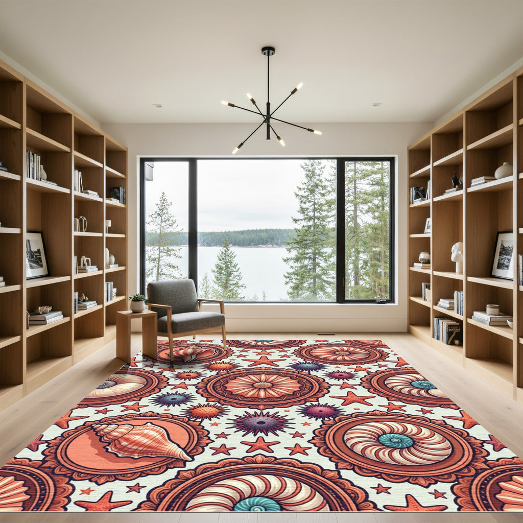 Terracotta Seashell Medallion Star Coastal Art Rug