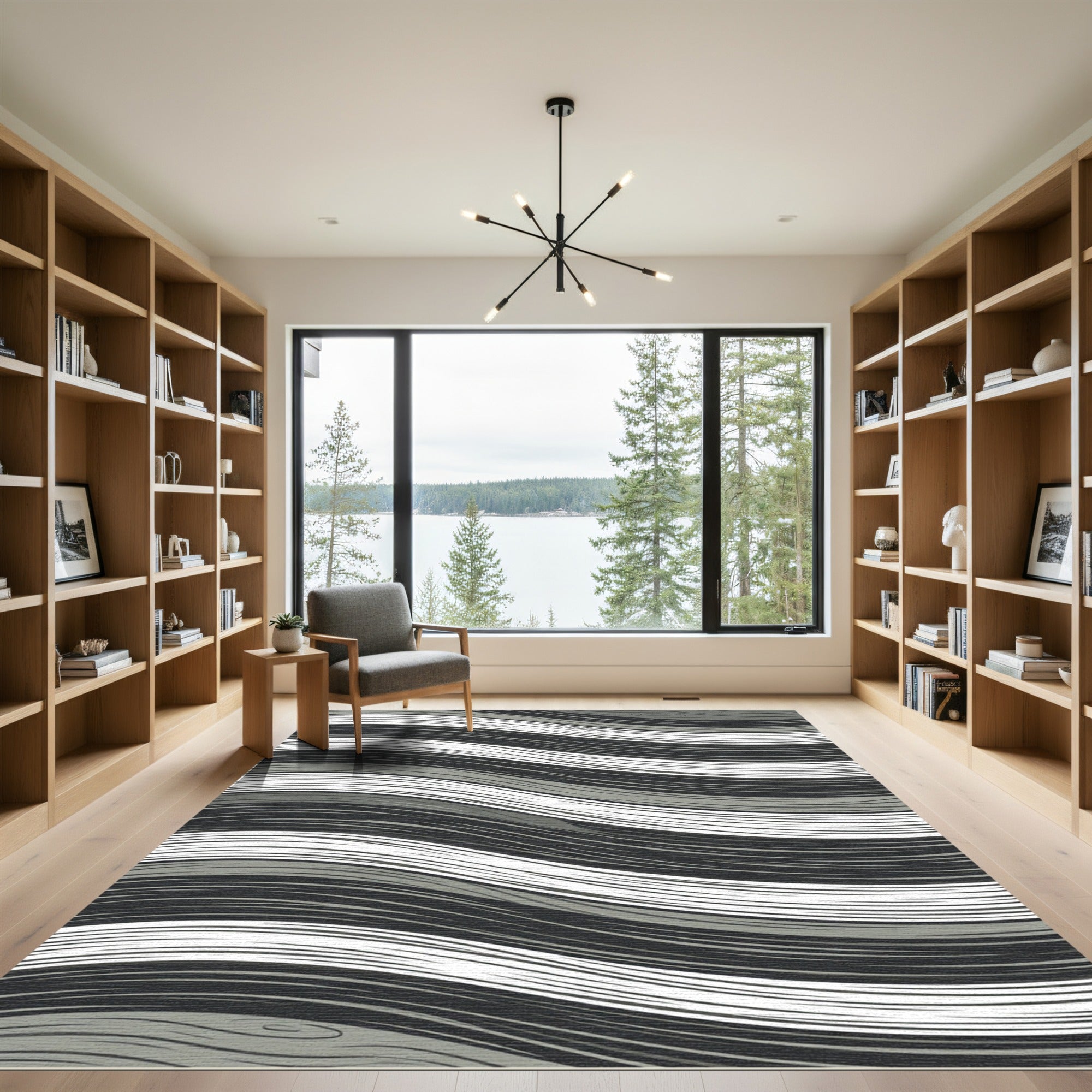 Minimalist Gray and White Wavy Texture Rug