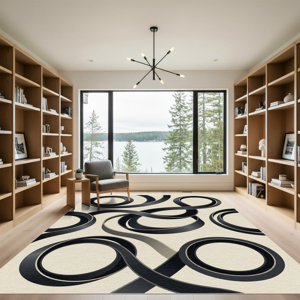 Black and Cream Abstract Ribbon Swirl Rug