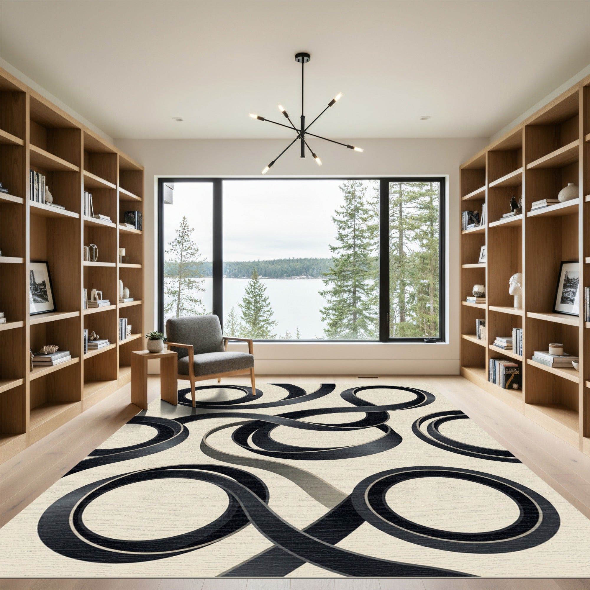Black and Cream Abstract Ribbon Swirl Rug